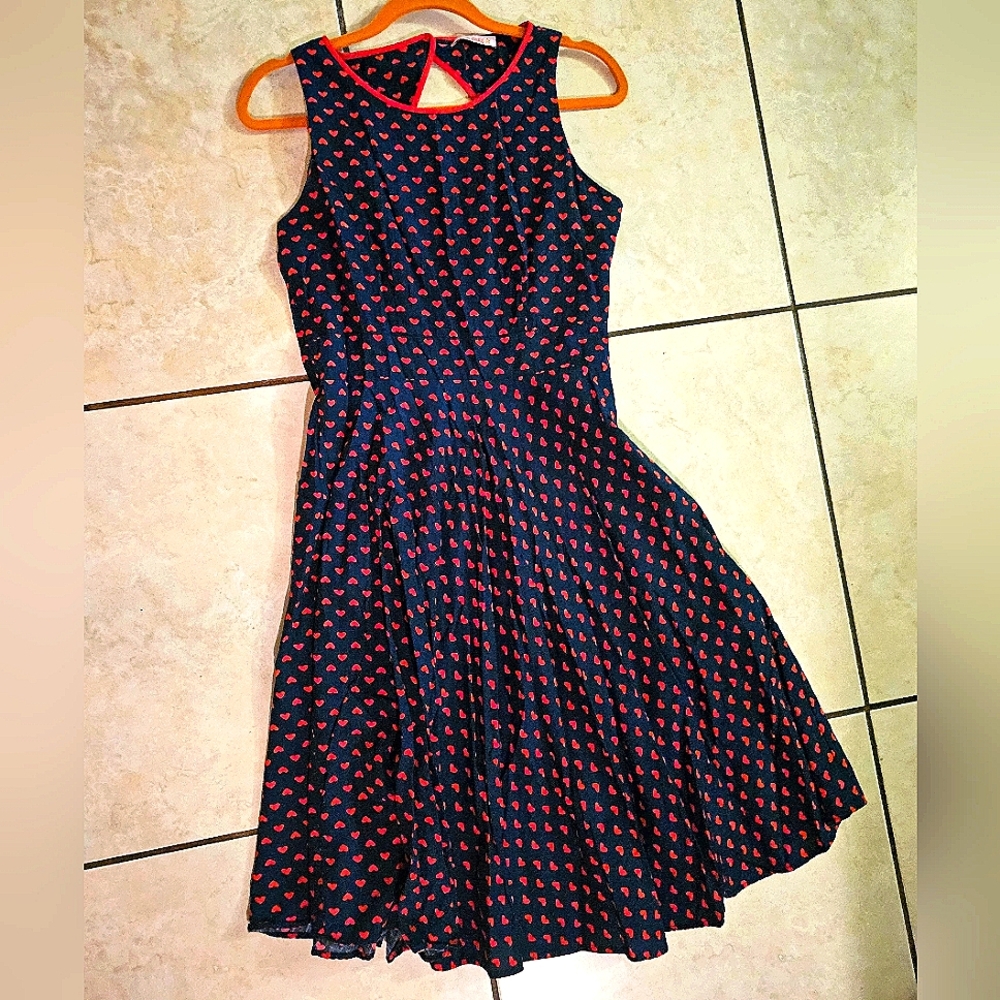 Trollied Dolly navy blue dress with red hearts and piping detail in size large